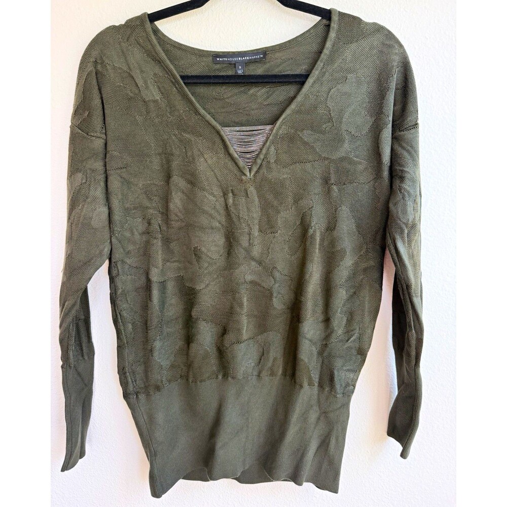 White House Black Market Green Camo Knit V-Neck Long Sleeve Pullover Sweater S